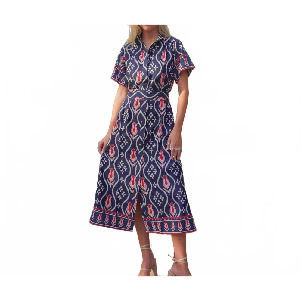 NEW ISLAPAYAL sydney shirt dress in tulip ikat navy